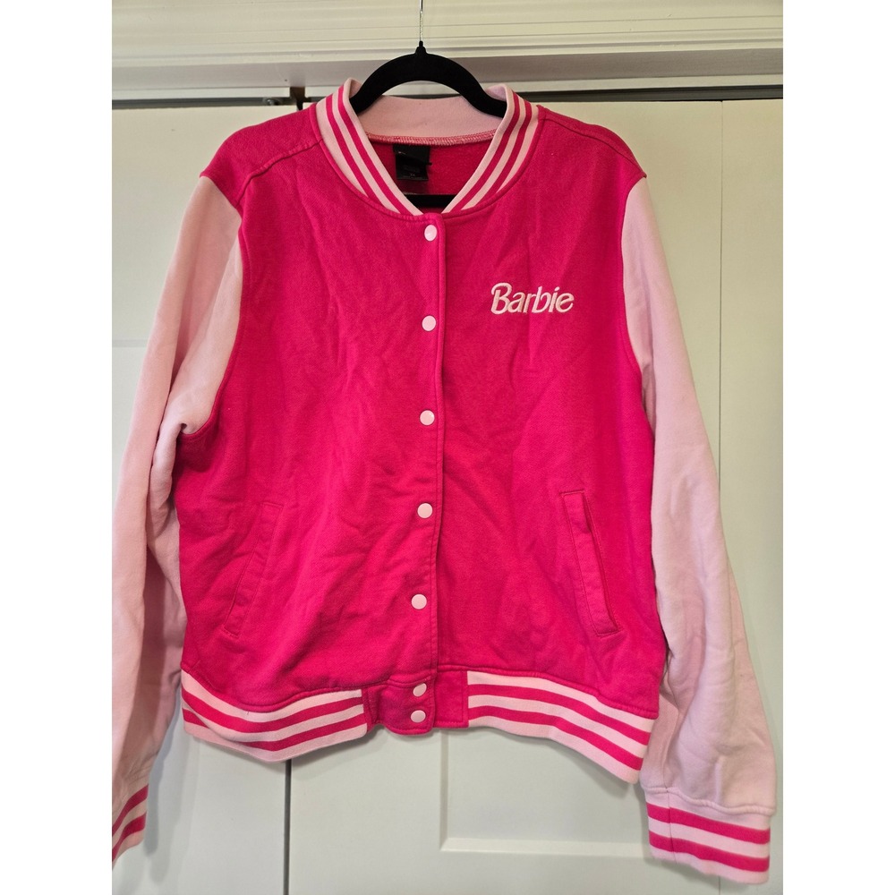 Barbie Hot Topic Pink Varsity Jacket Back Graphic Snap Front Fleece 2X